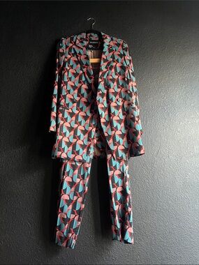Wildfang Teal & Coral Geometric Blazer and Pantsuit